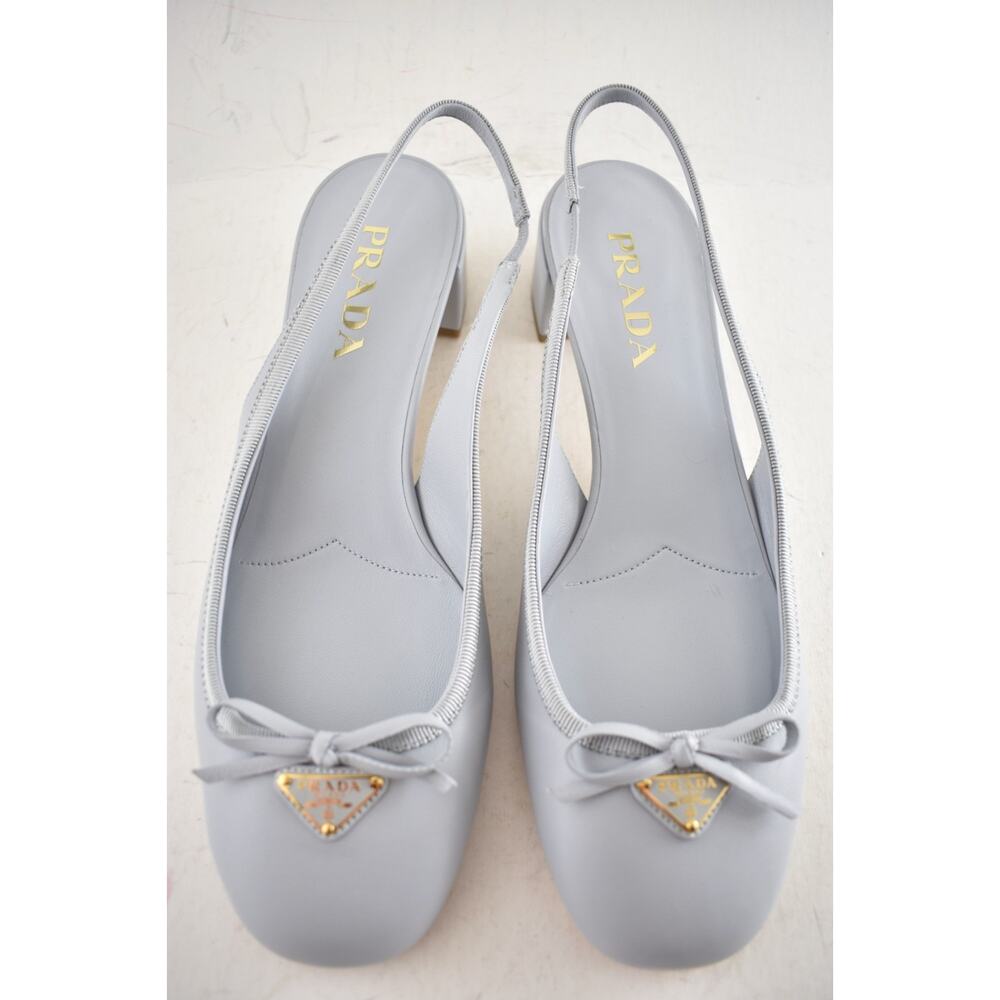 Prada Grey Blue Triangle Logo Bow Ballerina Mule Block Heel Slingback Pump 39.5 - Picture 7 of 15